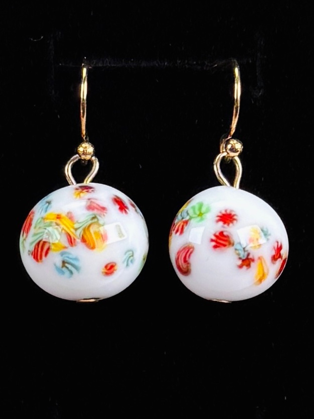 Gorgeous, goldtone, white floral ball drop pierced earrings
